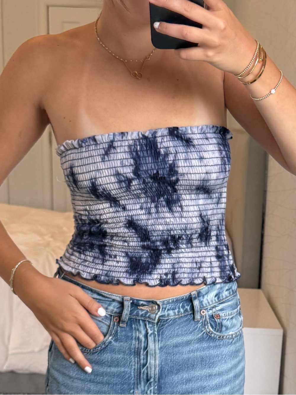 Tie-Dye Smocked Strapless Camisole - Navy/White